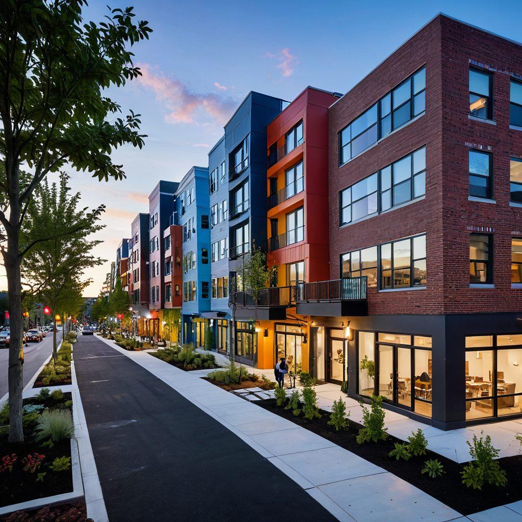 A dynamic cityscape of Somerville showcasing modern residential developments and sleek condominiums, intertwined with lush community parks and vibrant street life. Include diverse residents engaging in outdoor activities, with colorful storefronts and greenery lining the streets. Highlight architectural diversity with both new builds and charming vintage structures in a bustling urban environment. sunset lighting to add warmth and energy. super-realistic. vibrant colors.