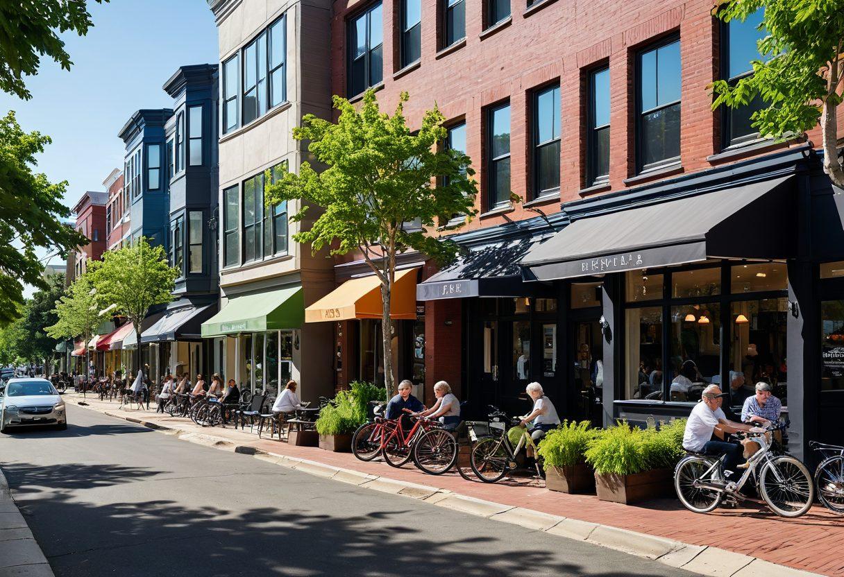 A vibrant street scene in Somerville showcasing premium condominiums, with modern architecture blended with historic buildings. Include green parks and happy residents enjoying outdoor cafes, bicycles, and dogs, capturing the essence of urban living. Bright colors and a lively atmosphere should dominate the image. super-realistic. vibrant colors. 3D.