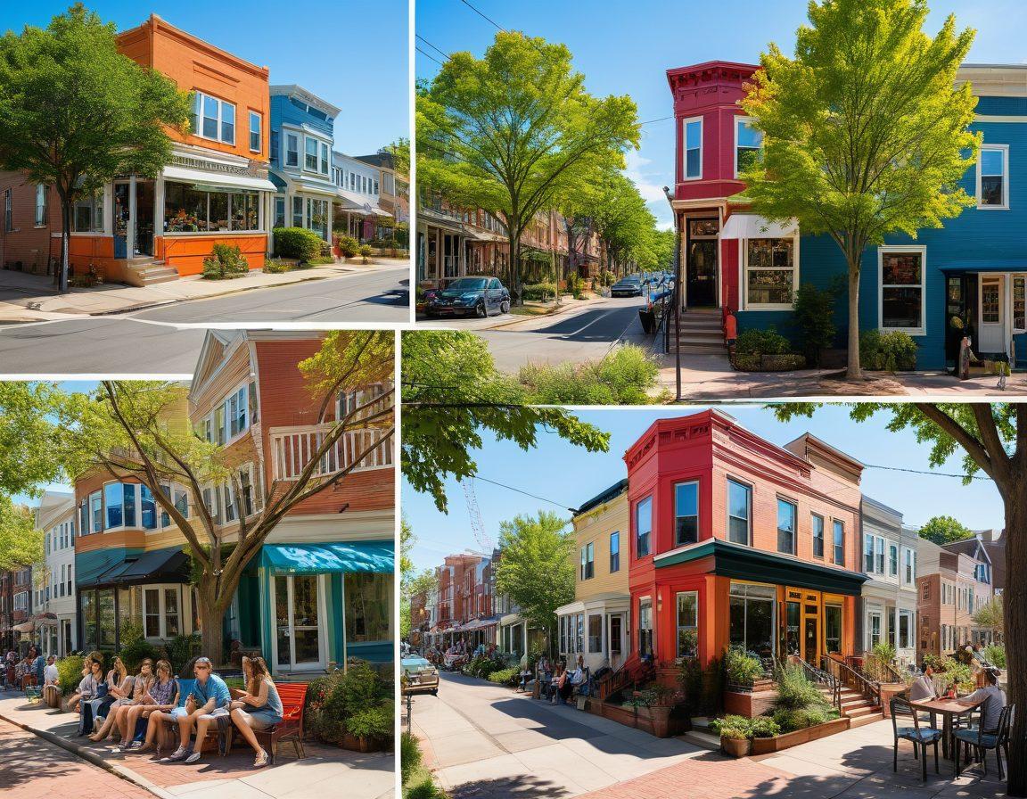 A collage of trendy Somerville neighborhoods featuring stylish homes, urban parks, and bustling cafes. Incorporate a diverse group of people enjoying community life, like chatting and walking dogs. Include eye-catching shop fronts and hints of local art, all bathed in warm sunlight. Highlight affordable real estate options with price tags creatively placed on some buildings. vibrant colors. urban style.